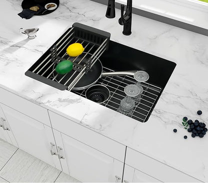 Black Kitchen Sink, Matte Black Granite Composite Kitchen Sink, 27 Inch Undermount Quartz Stone Kitchen Sinks, 27" x 18" x 9" Single Bowl Kitchen Sinks With Accessories