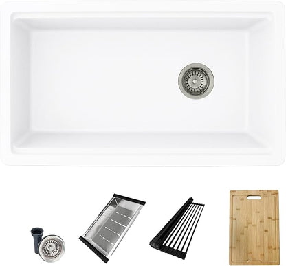 Stylish 32 x 18 Inch Composite Granite Workstation Kitchen Sink, Single Bowl Under Mount & Drop in, 9.5 in Deep, with Cutting Board, Roll-Up Drying Rack, Colander & Strainer, White, S-832WH