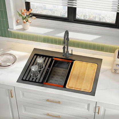 Rhbamoa Black Kitchen Sink,31 Inch Black Drop in Kitchen Sink Single Bowl,16 Gauge T304 Stainless Steel Workstation Sinks,10 Inch Deep Topmount Sinks with All Accessories