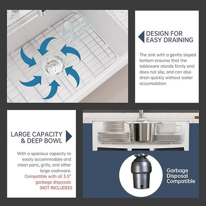 30 Inch White Farmhouse Sink Workstation Apron Front Ceramic Porcelain Fireclay Ledge Single Bowl Sink Large Deep Farm Kitchen Sinks 30" x 20" x10"