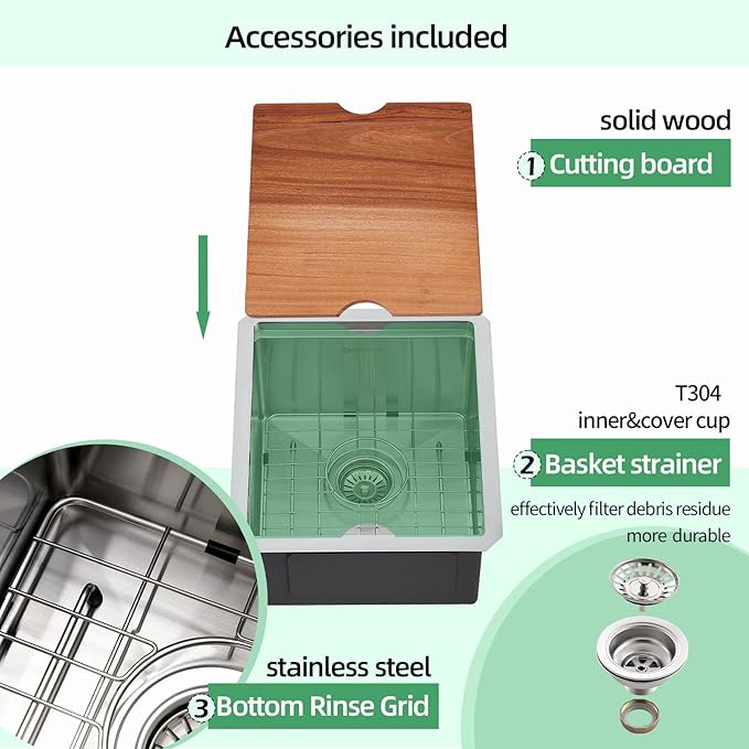 Undermount Kitchen Sink, 15 x 17 x 10 Inch Bar Sink 16 Gauge Stainless Steel Small Sink Kitchen Single Bowl Workstation with Cutting Board