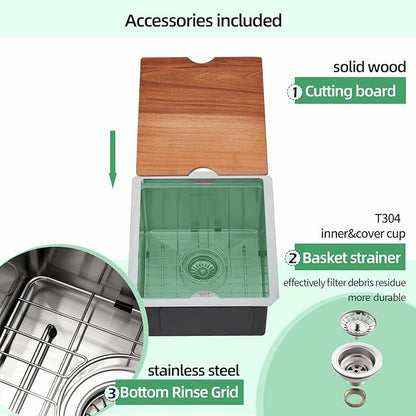 Undermount Kitchen Sink, 15 x 17 x 10 Inch Bar Sink 16 Gauge Stainless Steel Small Sink Kitchen Single Bowl Workstation with Cutting Board