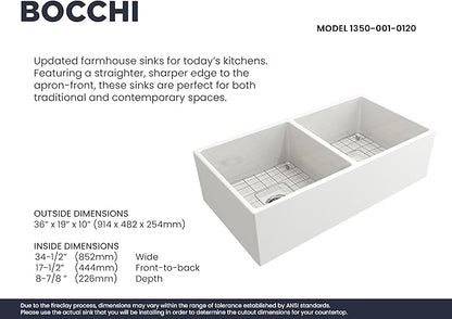 BOCCHI Contempo Farmhouse Apron Front Fireclay 36 in. Double Bowl Kitchen Sink with Protective Bottom Grid and Strainer in White