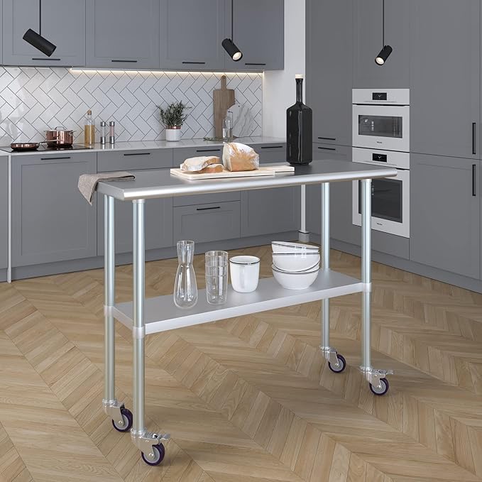 Stainless Steel Work Table with Wheels | NSF Kitchen Island Food Prep | Laundry Garage Utility Bench (Table + Wheels, 48" Long x 18" Deep)