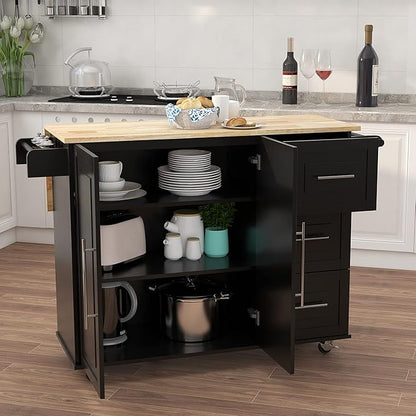Modern Dining Table with and Extensible Solid Wood Table Top, Kitchen Island with Spice Rack, Towel Rack, Wood Table with, Counter, Consol