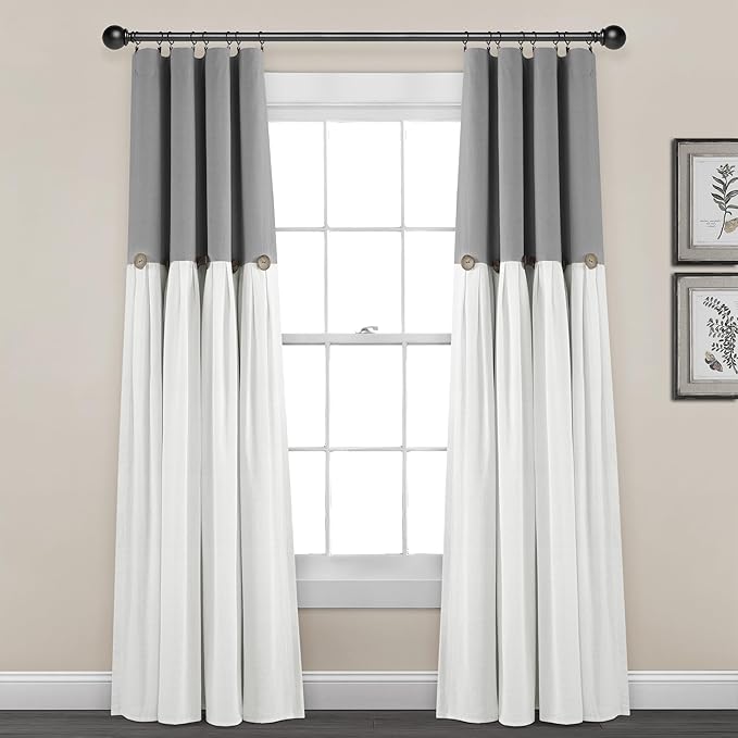 Lush Decor Linen Button Window Curtain Panel, Single, 40" W x 84" L, Dark Gray & White - Country Curtains - Rustic Decor - Color Block Modern Farmhouse Curtains For Living Room, Bedroom & Dining Room
