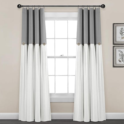 Lush Decor Linen Button Window Curtain Panel, Single, 40" W x 84" L, Dark Gray & White - Country Curtains - Rustic Decor - Color Block Modern Farmhouse Curtains For Living Room, Bedroom & Dining Room