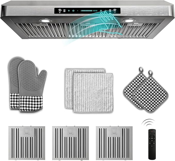 42 inch Stainless Steel Under Cabinet Range Hood - 900 CFM, Gesture Control, Ultra-Quiet 4-Speed Vent, LED Lights, External Venting