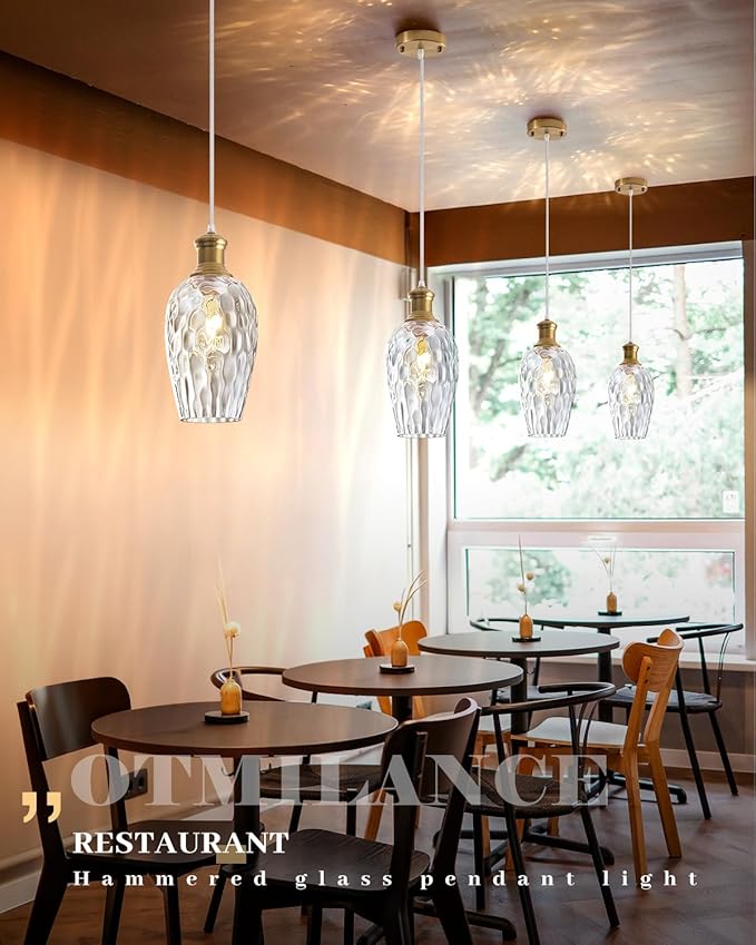 Gold Pendant Lights Kitchen Island, 6.3” Blown Hammered Glass Pendant Lights, Vintage Clear Glass Pendant Light 2-Pack, Modern Pendant Light for Kitchen Island, Dining Room, Bathroom，Cafe