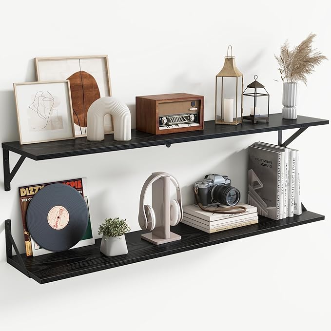 Acovy Floating Shelves for Wall,48" Wx8 D Wood Wall Shelves,Hanging Storage Floating Shelf with Metal Brackets,Wide Floating Bookshelf for Living Room,Office,Bedroom,Bathroom,Set of 2,Black