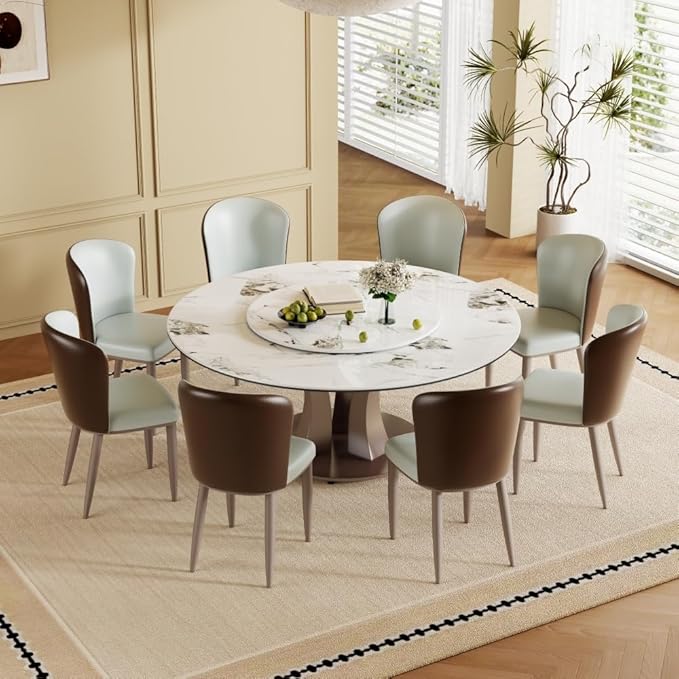 Modern Sintered Stone Dining Table for 6-8, Luxury Faux Marble Kitchen Table with Heavy-Duty Stainless Steel Base, Heat-Resistant Furniture for Dining Room (Table+8 Chairs,59'')