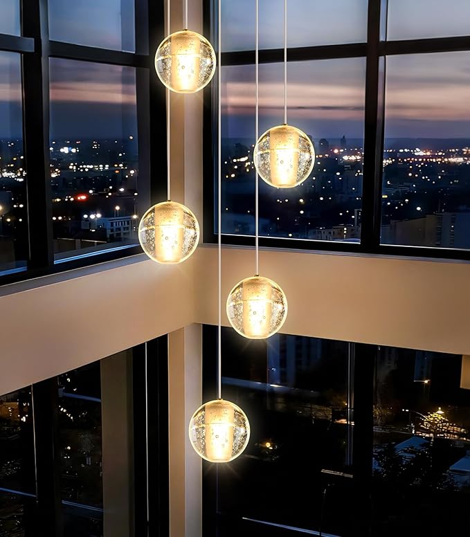 HAIXIANG 5 Lights Globe Chandelier Modern Crystal Glam Light LED Warm Light Pendant Lights for Dining Room Kitchen Island Antique Gold Lighting Fixture