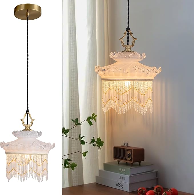 Brass Vintage Glass Pendant Light Cream Style Glass Tassel Chandelier,Adjustable Height Pendant Lights for Dining Room Kitchen Island Bedroom Hallway