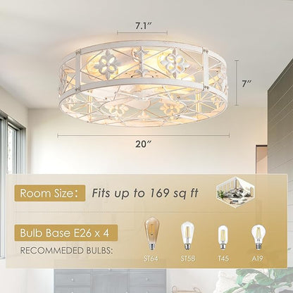 ZYD Caged Ceiling Fans with Light, 20" Ceiling Fans with Lights and Remote Flush Mount, Bladeless Caged Ceiling Fan with Light, Rust White Farmhouse Ceiling Fan for Bedroom, Kitchen, Dining Room