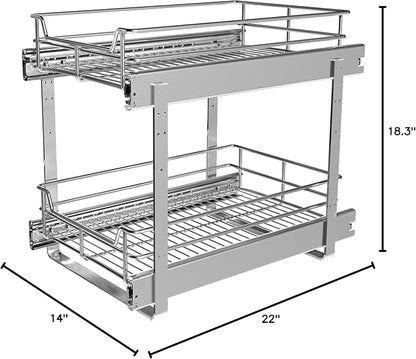 JOWBOOW 2-Tier Cabinet Pull Out Shelves (14" W x 22" D), Slide Out Shelves for Kitchen Cabinets, Metal Under Cabinet Roll Out Shelf