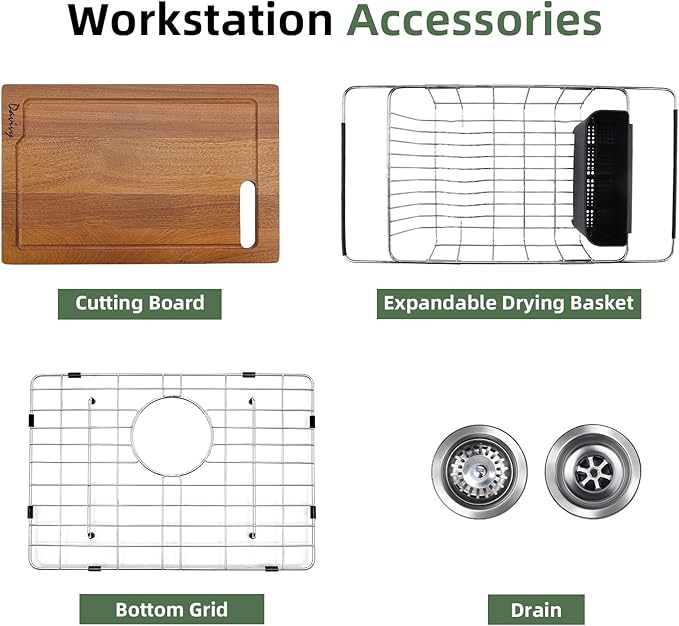 Davivy 22 Inch Granite Kitchen Sink Workstation, 22 x 19 Black Drop In/Undermount Kitchen Sink, Deep Quartz Composite Single Bowl Basin with Accessories