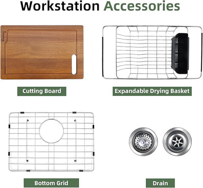 Davivy 22 Inch Granite Kitchen Sink Workstation, 22 x 19 Black Drop In/Undermount Kitchen Sink, Deep Quartz Composite Single Bowl Basin with Accessories