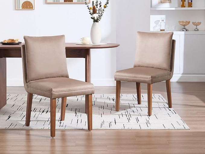 Farmhouse Parsons Dining Chairs Set of 2 - Comfy Upholstered Dining Set with Cushion & Solid Wood Legs, Armless Kitchen Chairs for Dining Room/Restaurant/Kitchen Island, Suede Khaki