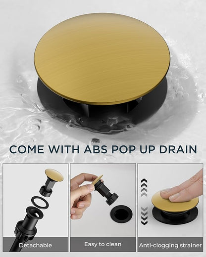 FORIOUS Gold Bathroom facuet 3 Hole, 8 inch Brushed Gold Bathroom Sink Faucet Widespread with 360° Swivel Spout and Spare Water-Saving Aerator and Drain, 3 Piece Vanity Tap for Restroom Upgrade