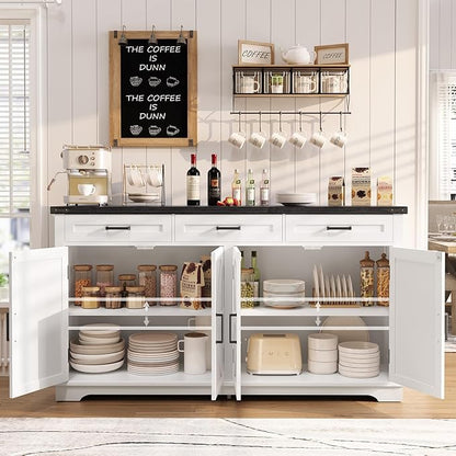 usikey 55”W Buffet Cabinet with 3 Large Drawers & 2 Adjustable Shelves, Modern Farmhouse Sideboard Buffet Cabinet with Storage, Credenza, Coffee Bar, White