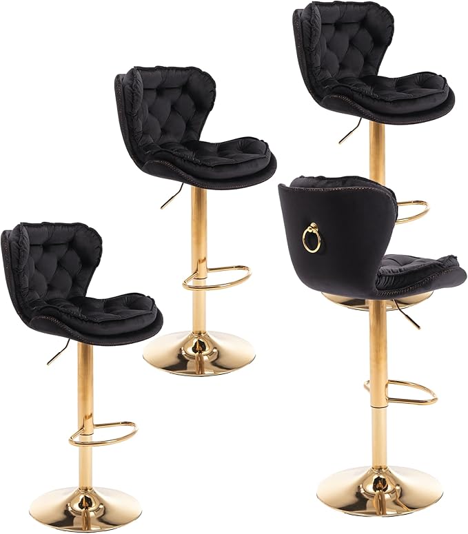 Rhomtree 24-33 Inch Swivel Bar Stools, Adjustable Counter Height Barstools, Velvet Back and Golden Footrest, Bar Chairs for Kitchen Island, Cafe, Bar, Bar Counter, Dining Room, Coffee(Black Set of 4)