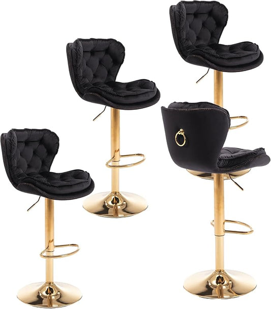 Rhomtree 24-33 Inch Swivel Bar Stools, Adjustable Counter Height Barstools, Velvet Back and Golden Footrest, Bar Chairs for Kitchen Island, Cafe, Bar, Bar Counter, Dining Room, Coffee(Black Set of 4)
