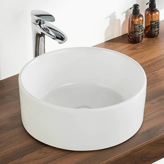 DeerValley DV-1V063 Symmetry White Circular Bowl Bathroom Vessel Sink and Modern Above Counter Porcelain Ceramic Vessel Vanity Sink Art Basin 16"x16"- Round