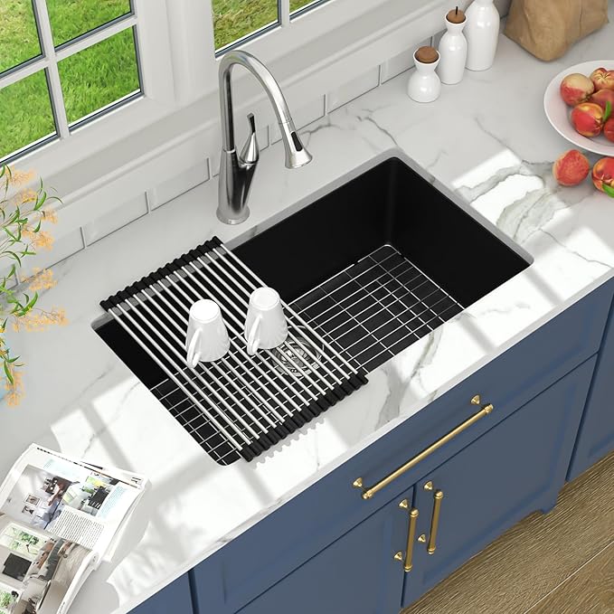 Lordear Black Kitchen Sink 33 Inch Undermount Sinks Quartz Granite Composite Black Single Bowl Under Kitchen Sinks 33x19 Inch