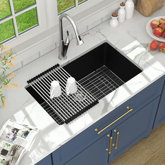 Lordear Black Kitchen Sink 33 Inch Undermount Sinks Quartz Granite Composite Black Single Bowl Under Kitchen Sinks 33x19 Inch