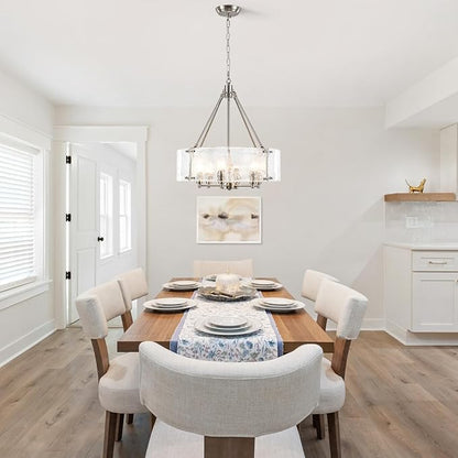 Modern Brushed Nickel Glass Chandelier for Dining Room,19.69 inch Textured Crystal Drum Farmhouse Chandelier Light Fixture for Dining Room Kitchen Island Living Room Bedroom Foyer