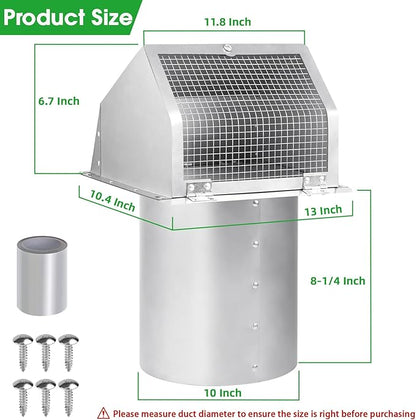 10 Inch Hooded Wall Vent with Screen and Damper, Exterior Wall Exhaust Vent Cover Cap for Kitchen Range Hood Dryer Ventilation and Outdoor Air Exhaust, Stainless Steel