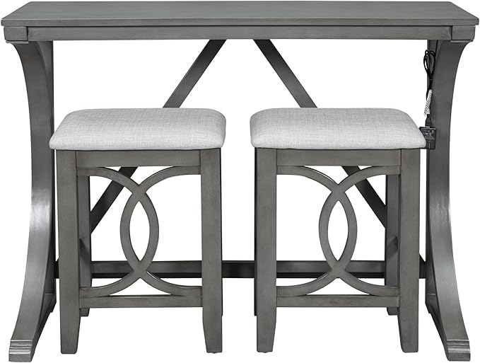 Polibi 3-Piece Farmhouse Counter Height Dining Set, Wood Kitchen Dining Table Set with USB Port and 2 Upholstered Stools for Small Places (Gray)