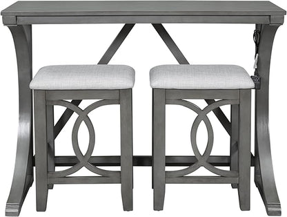 Rustic Dining Table Set, Farmhouse 3-Piece Counter Height Dining Table Set with USB Port and Upholstered Stools for Small Places (Gray/Farmhouse-A)