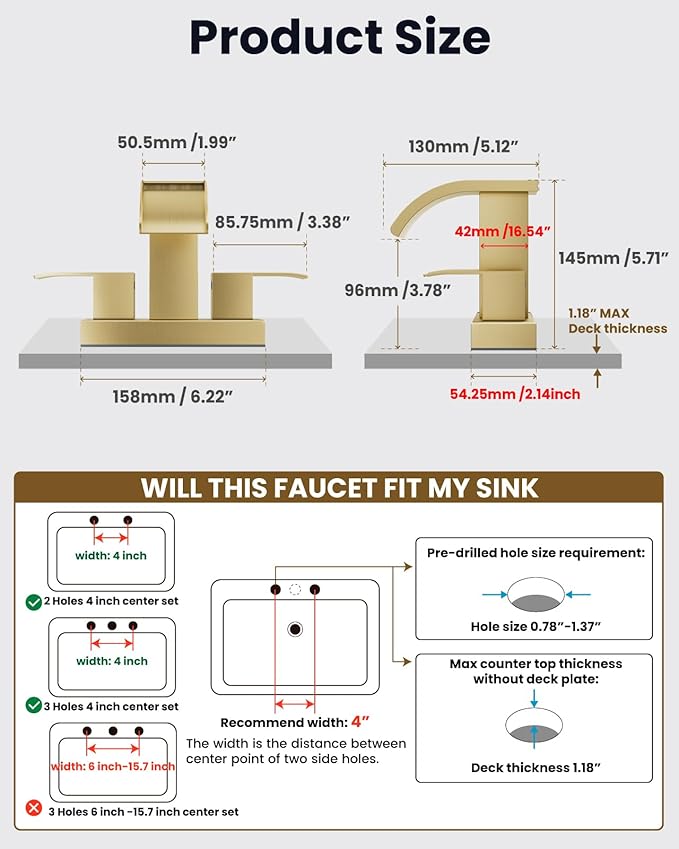 gotonovo Waterfall 4 Inch Centerset Bathroom Sink Faucet 2 Handle Basin Faucets 2 or 3 Hole Deck Mount with Pop Up Drain Included Lavatory Modern Mixer Tap Vanity Faucet Brushed Gold