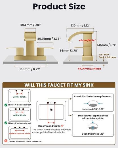 gotonovo Waterfall 4 Inch Centerset Bathroom Sink Faucet 2 Handle Basin Faucets 2 or 3 Hole Deck Mount with Pop Up Drain Included Lavatory Modern Mixer Tap Vanity Faucet Brushed Gold