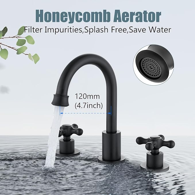 Aolemi 8 Inch 3 Holes Widespread Bathroom Sink Faucet Double Cross Handle SUS304 360 Degree Swivel Spout with Pop Up Drain Deck Mount Lavatory Mixer Tap Matte Black