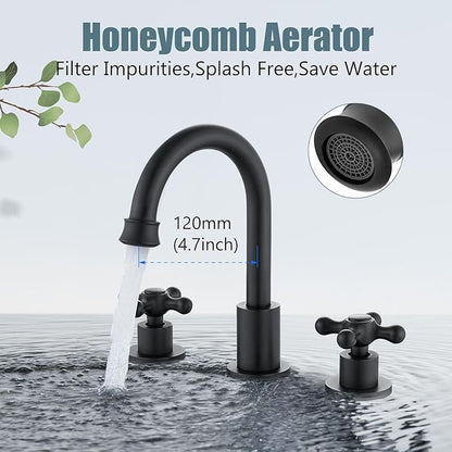 Aolemi 8 Inch 3 Holes Widespread Bathroom Sink Faucet Double Cross Handle SUS304 360 Degree Swivel Spout with Pop Up Drain Deck Mount Lavatory Mixer Tap Matte Black