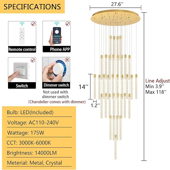 35-Light Long Large Modern Led Crystal Chandeliers Modern Spiral Chandeliers High Ceilings Chandelier for Staircase Foyer Gold