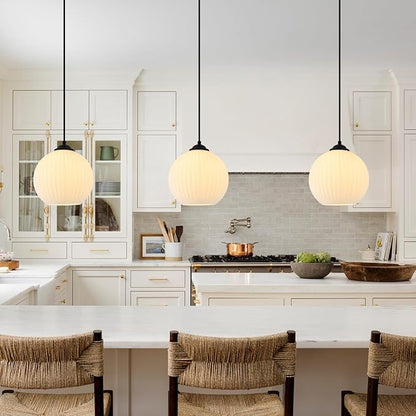 Contemporary Modern Pendant Lights Black Globe Pendant Lights Kitchen Island Vintage Milk White Glass Pendant Lighting Unique Ribbed Glass Ceiling Pendant Light (2 Pack)