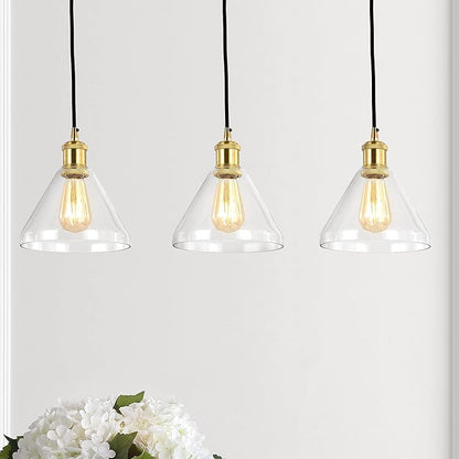 JONATHAN Y 30.5" Brass Gold/Black 3-Light Iron and Glass Linear Pendant Light, Adjustable Height for Kitchen Island Dining Room, Modern Farmhouse, LED Bulbs Included JYL1123A