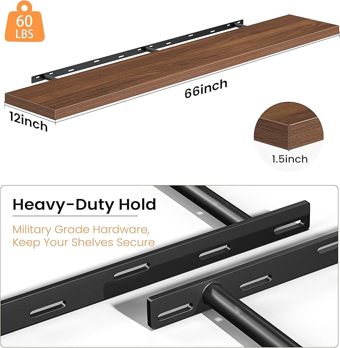 Fun Memories 66 Inch Floating Shelves, 12 Inch Deep Wall Shelf for Fireplace Mantel, Walnut Deep Storage Shelves for Home & Office, Long Floating Shelf with Invisible Bracket, Set of 2