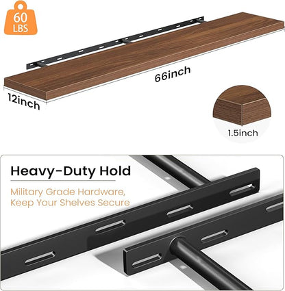 Fun Memories 66 Inch Floating Shelves, 12 Inch Deep Wall Shelf for Fireplace Mantel, Walnut Deep Storage Shelves for Home & Office, Long Floating Shelf with Invisible Bracket, Set of 1