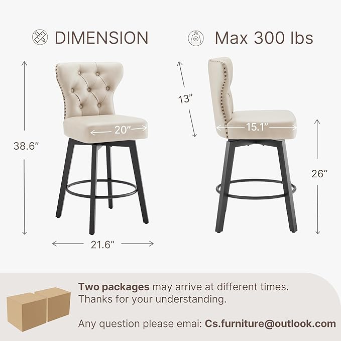 KISLOT Counter Height Barstools 26 inch Upholstered Button Tufted Swivel Bar Stools with Back for Kitchen Island,Set of 2,Beige PU Leather