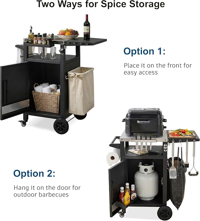 JIJIWANG 33.9" Outdoor Kitchen Island with Stainless Steel Top and Drop Leaf, Rolling Kitchen Cart on Wheels with Storage Cabinet and Spice & Paper Rack for BBQ Waterp, Black