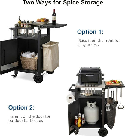 JIJIWANG 33.9" Outdoor Kitchen Island with Stainless Steel Top and Drop Leaf, Rolling Kitchen Cart on Wheels with Storage Cabinet and Spice & Paper Rack for BBQ Waterp, Black