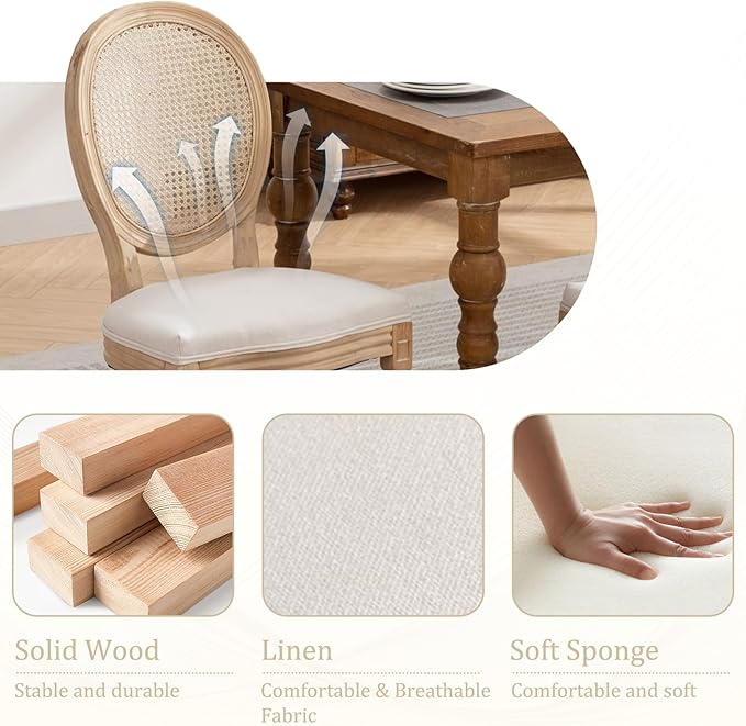 Linen Wooden Dining Chair Set of 2, Upholstered Farmhouse Dining Chair with Solid Wood Frame, Kitchen & Dining Room Chairs for Living Room, Restaurant, Bedroom (Beige-Rattan, Set of 2)