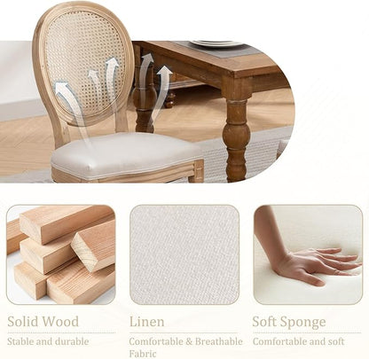 Linen Wooden Dining Chair Set of 6, Upholstered Farmhouse Dining Chair with Solid Wood Frame, Kitchen & Dining Room Chairs for Living Room, Restaurant, Bedroom (Beige-Rattan, Set of 6)
