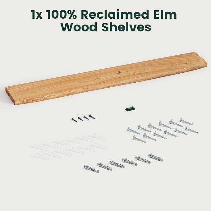72 Inch Live Edge Floating Shelves, 8 Inch Deep Solid Elm Wood Wall Shelf, Heavy-Duty Wall Mounted Shelf with Invisible Brackets for Living Room, Bathroom, Kitchen, Set of 1, Natural Color