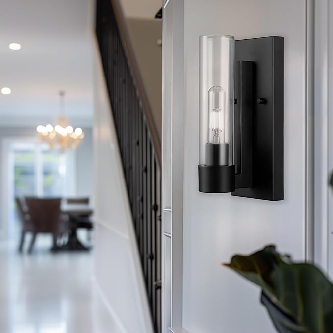 GLOBE Electric 1-Light Wall Sconce, Matte Black, Clear Glass Shade, Modern Industrial, Dimmable, 65000104