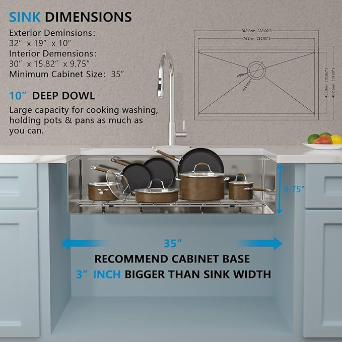 32 Inch Undermount Kitchen Sink - Fulorni 32"x19" Kitchen Sink Undermount 16 Gauge 304 Stainless Steel Ledge Workstation Under Counter Single Bowl Basin